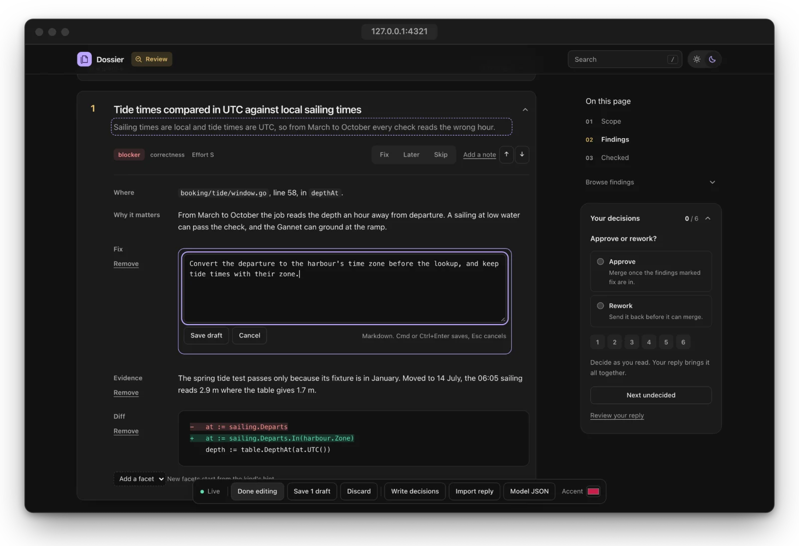 Dossier studio editing a review facet in place, with draft controls and a decision panel.