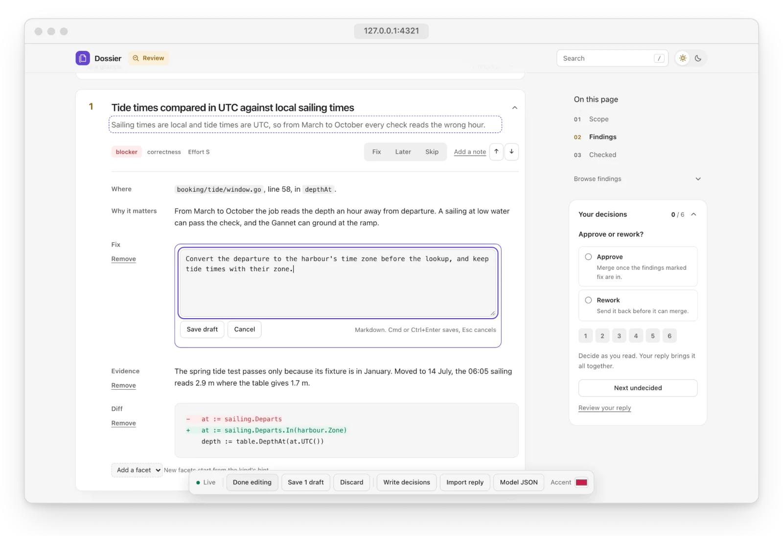 Dossier studio editing a review facet in place, with draft controls and a decision panel.