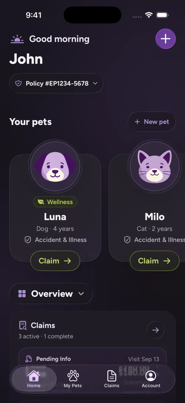Redesigned Embrace home, iOS 26, captured in dark mode