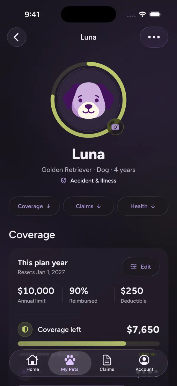 Redesigned Embrace pet profile, iOS 26, captured in dark mode