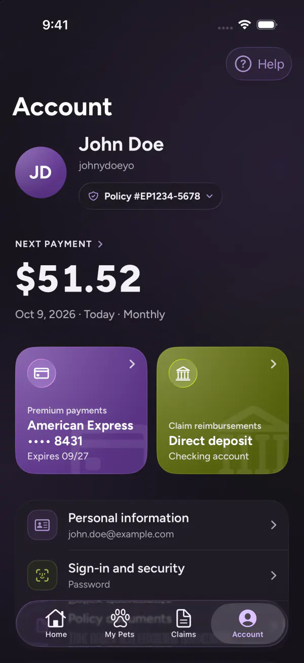 Redesigned Embrace account, iOS 26, captured in dark mode