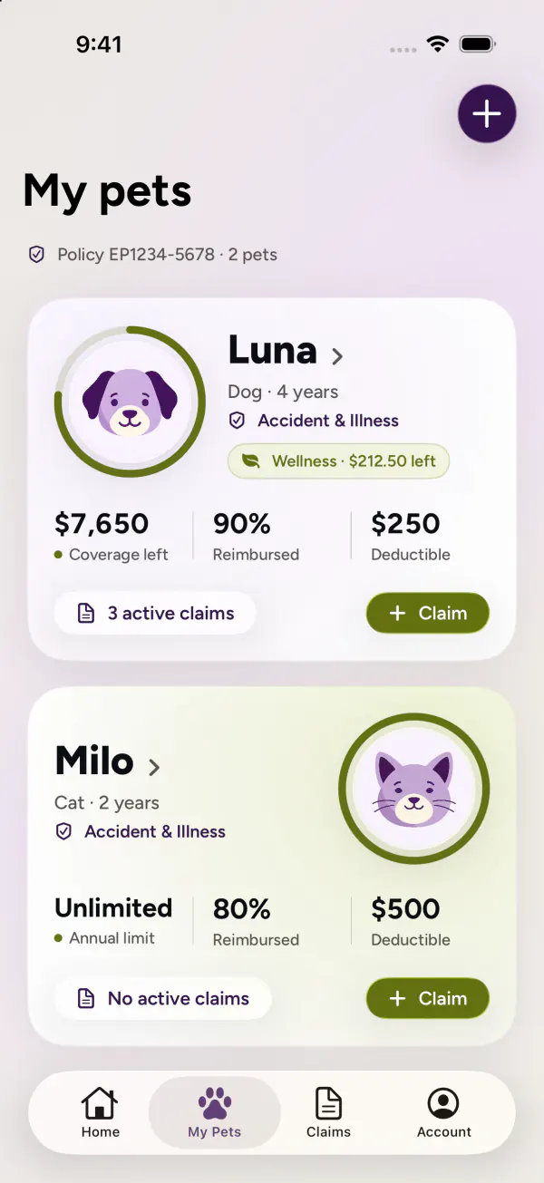 Redesigned Embrace my pets, iOS 26, captured in light mode