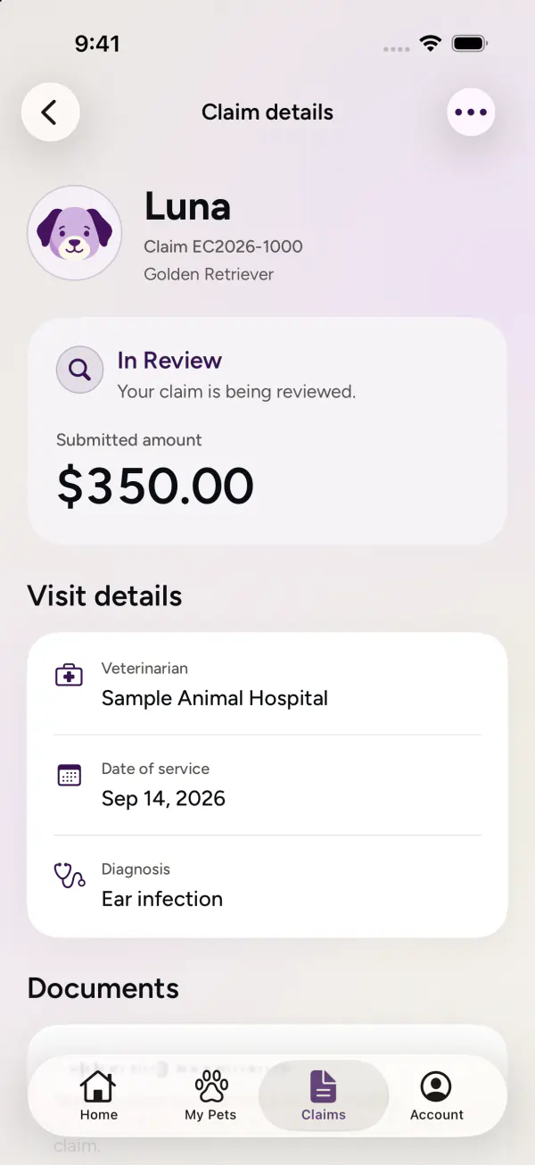 Redesigned Embrace claim details, iOS 26, captured in light mode