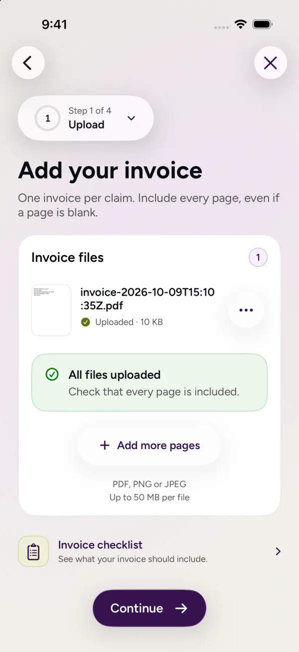 Redesigned claim workflow: Add the invoice