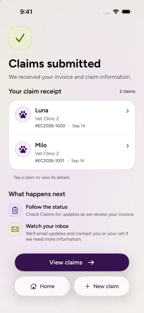 Redesigned claim workflow: Get a receipt