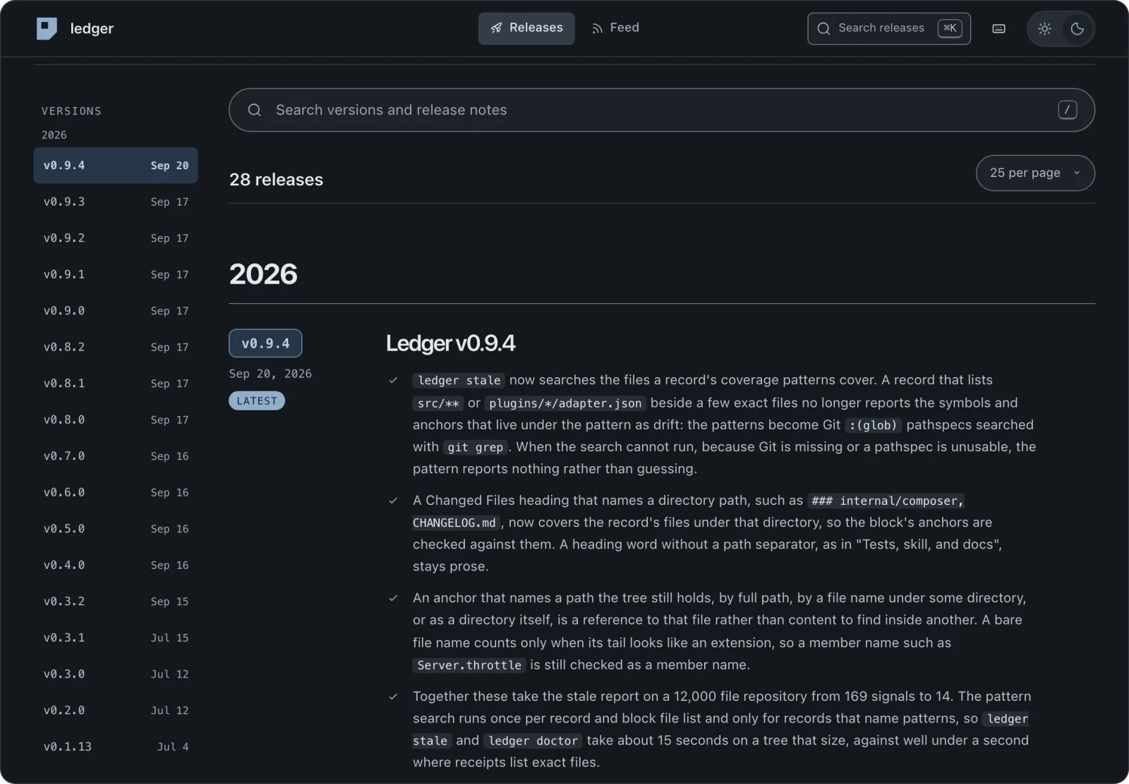 Ledger public changelog with a version index and release notes.