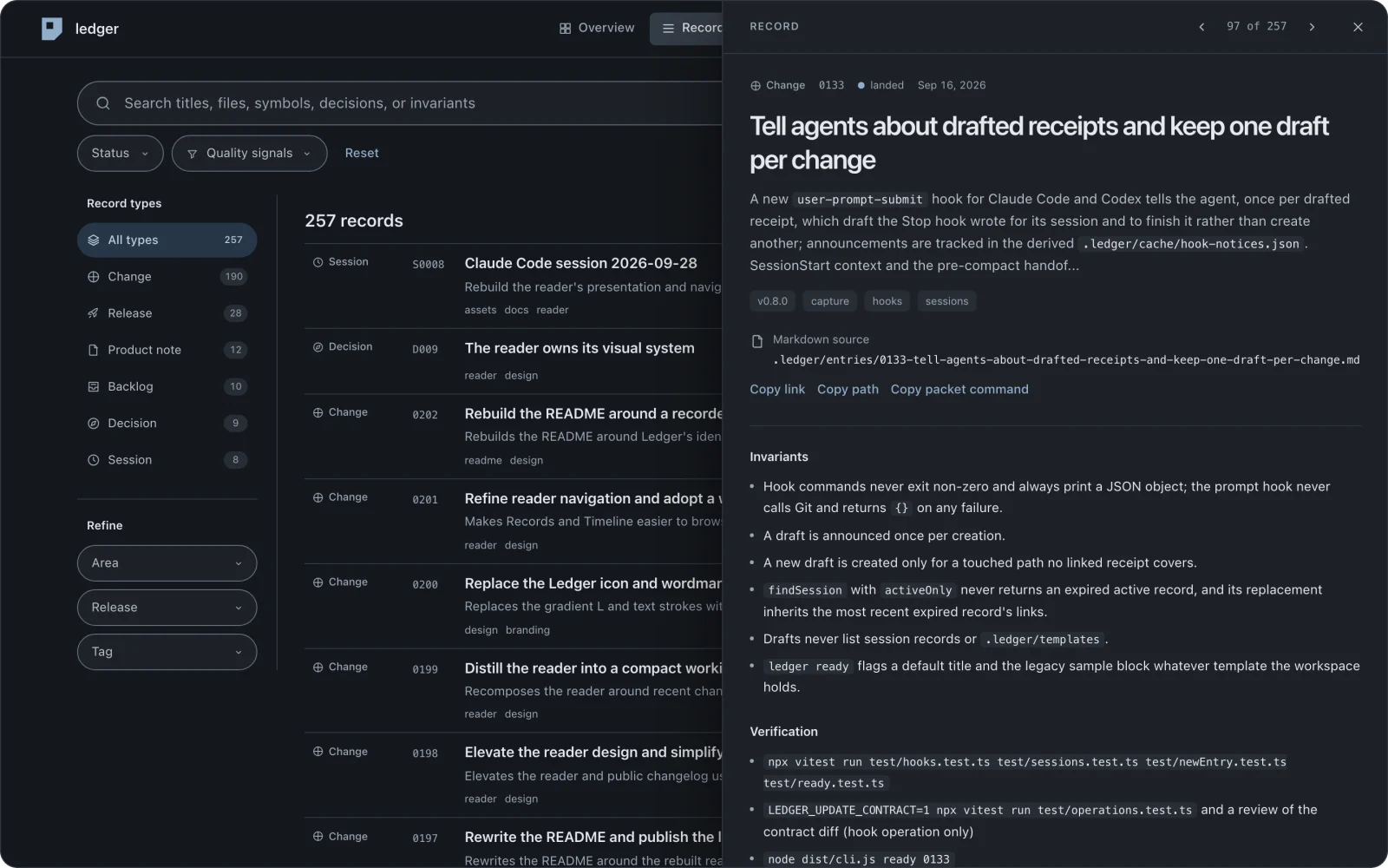 Ledger Records with a receipt open beside filtered project history, including its rationale, files, and verification.